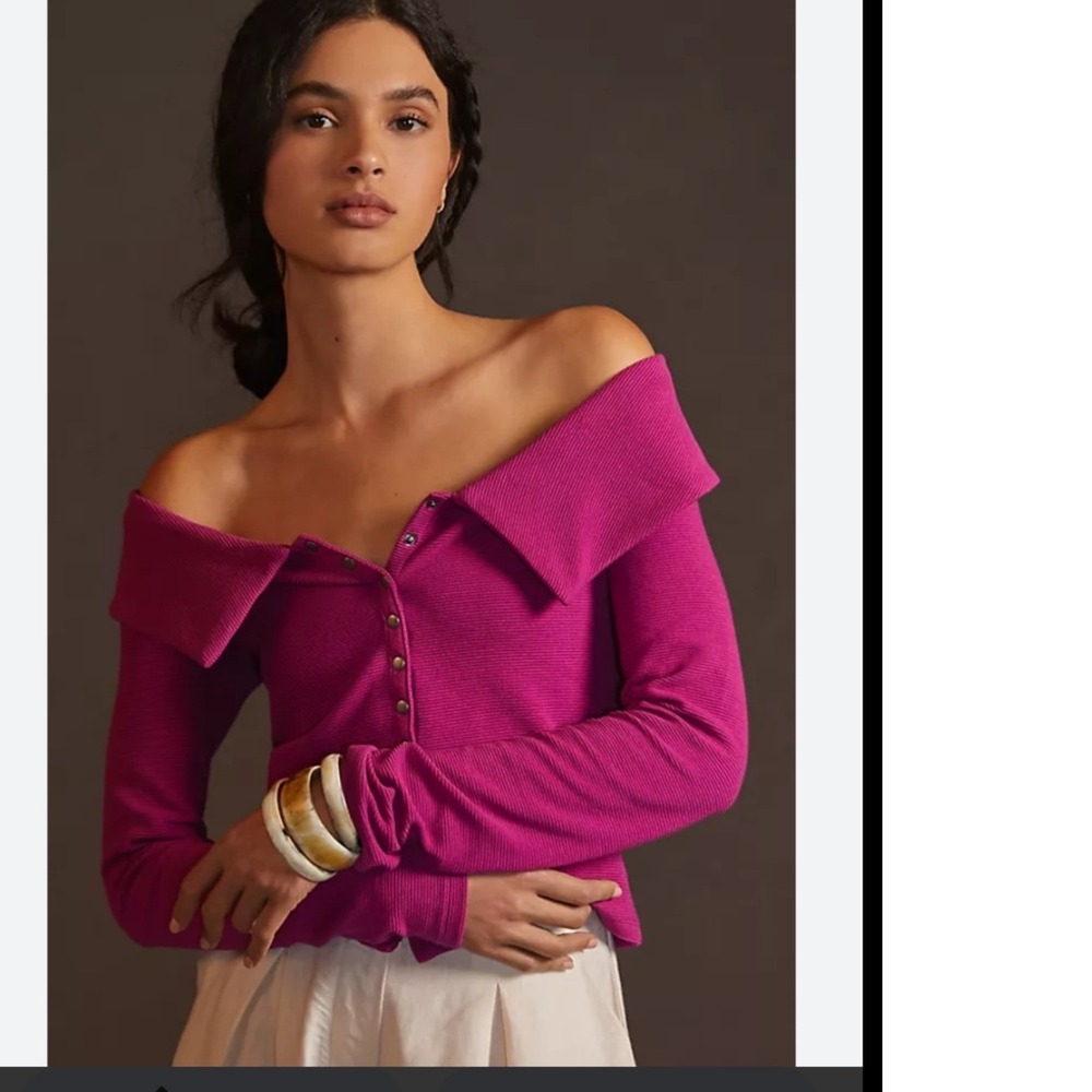 Maeve Anthropologie Off The Shoulder Ribbed Snap Front Top Magenta Pink Small